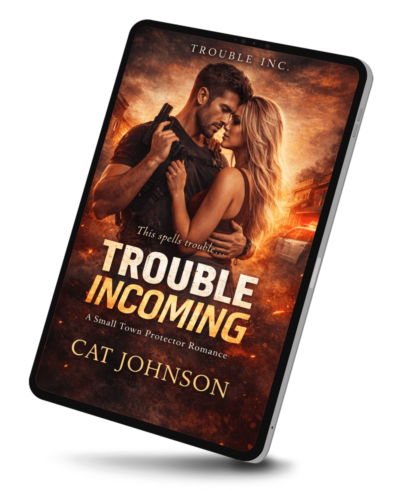 The book cover of the eBook of Trouble Incoming on an eReader
