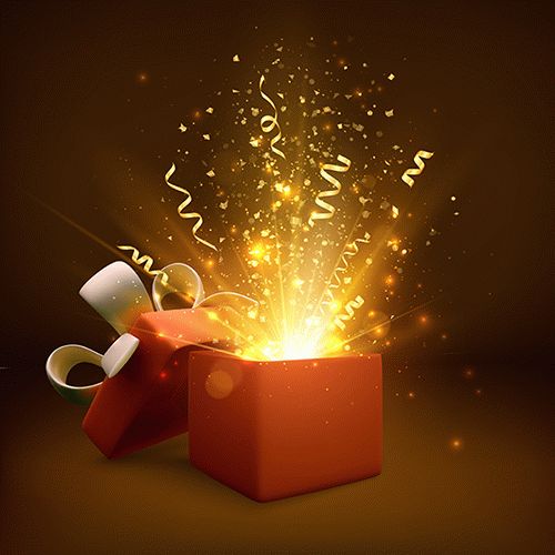 A GIF of the book "Trouble Incoming" exploding out of a gift box amid confetti and streamers. 