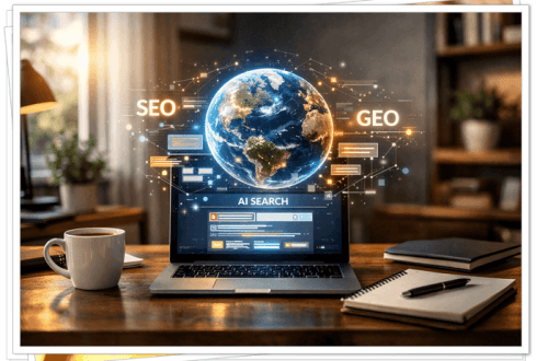 Generative Engine Optimization (GEO) concept showing a modern home office with laptop displaying AI search interface and a glowing digital globe representing SEO and AI-driven content discovery in 2026.