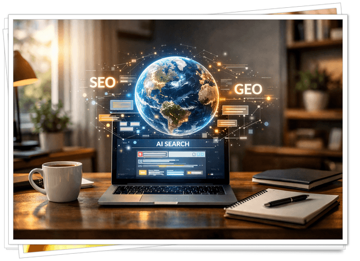 Generative Engine Optimization (GEO) concept showing a modern home office with laptop displaying AI search interface and a glowing digital globe representing SEO and AI-driven content discovery in 2026.