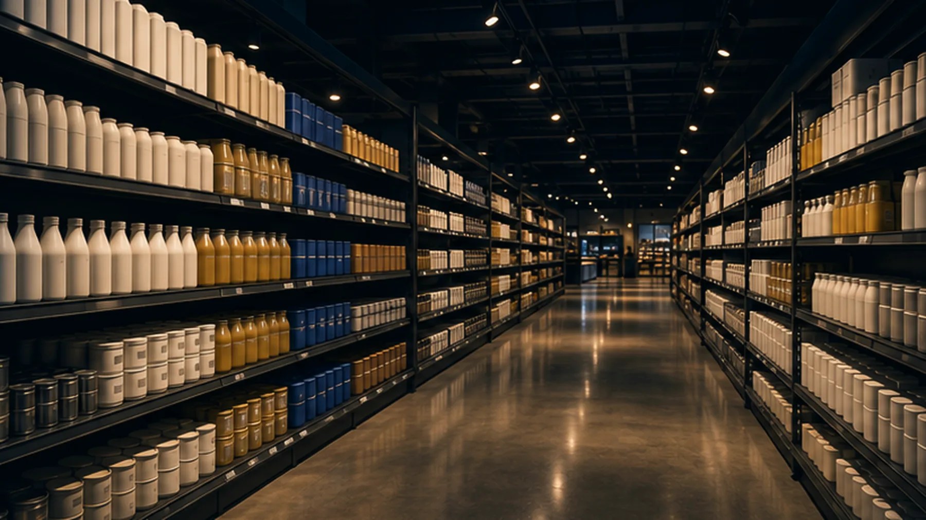 Supermarket aisle showing distinct category zones receding into the distance