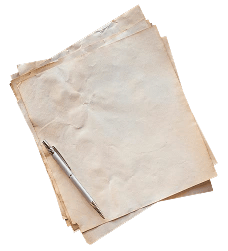 Sheets of aged paper with a pen