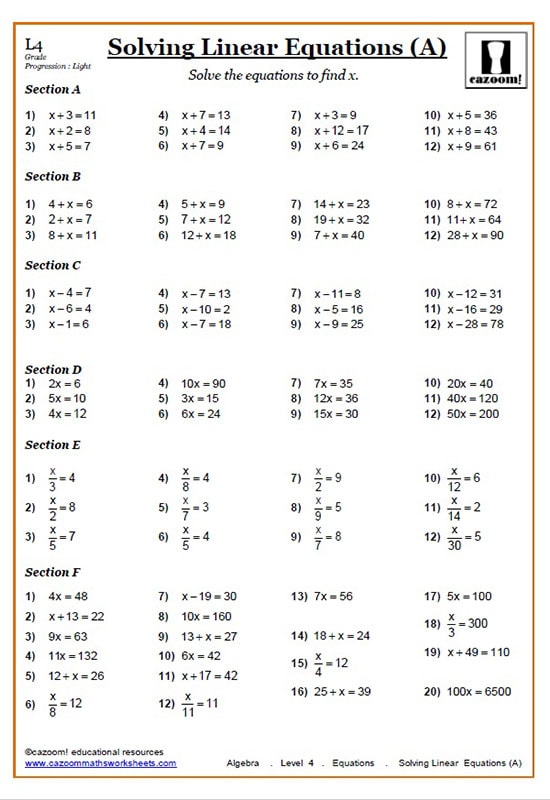 Solving Equations Worksheets | Cazoom Maths Worksheets Solving Equations Worksheets | Cazoom Maths Worksheets