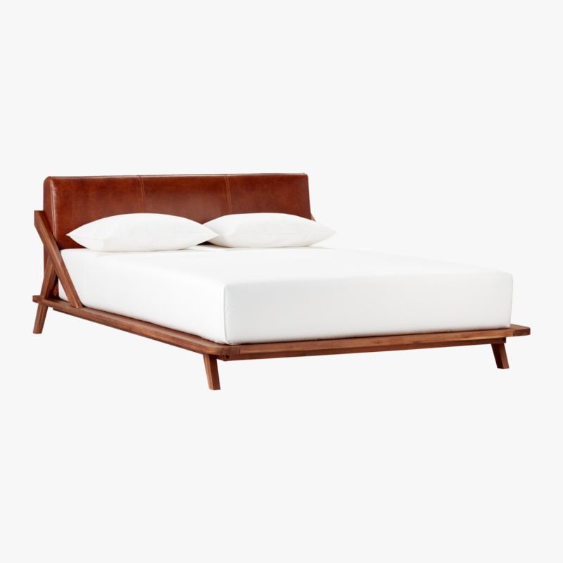 Drommen acacia wood platform queen bed with leather headboard + reviews