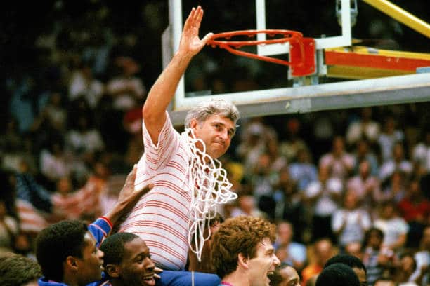 Bobby Knight cuts down the nets for Indiana basketball. The Hoosiers were once a major player in college basketball.