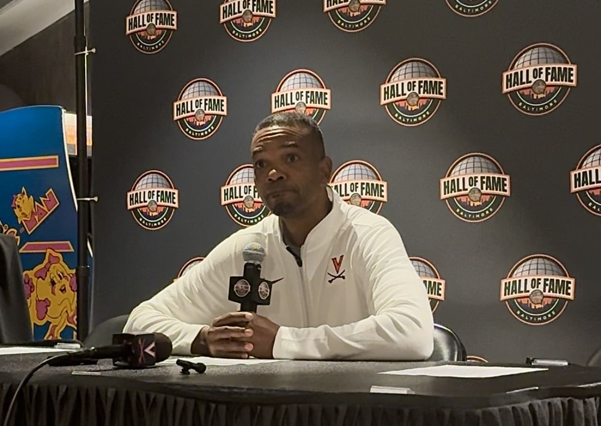 Virginia basketball head coach Ron Sanchez at the press conference following the win against Villanova