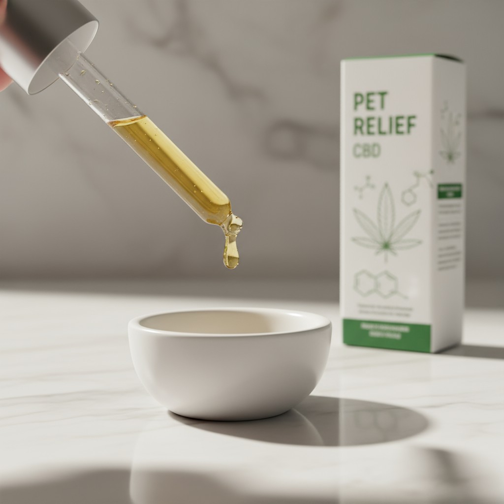 This image depicts a clear pet relief CBD oil dropper bottle column in front of a white marble countertop background. Behi...