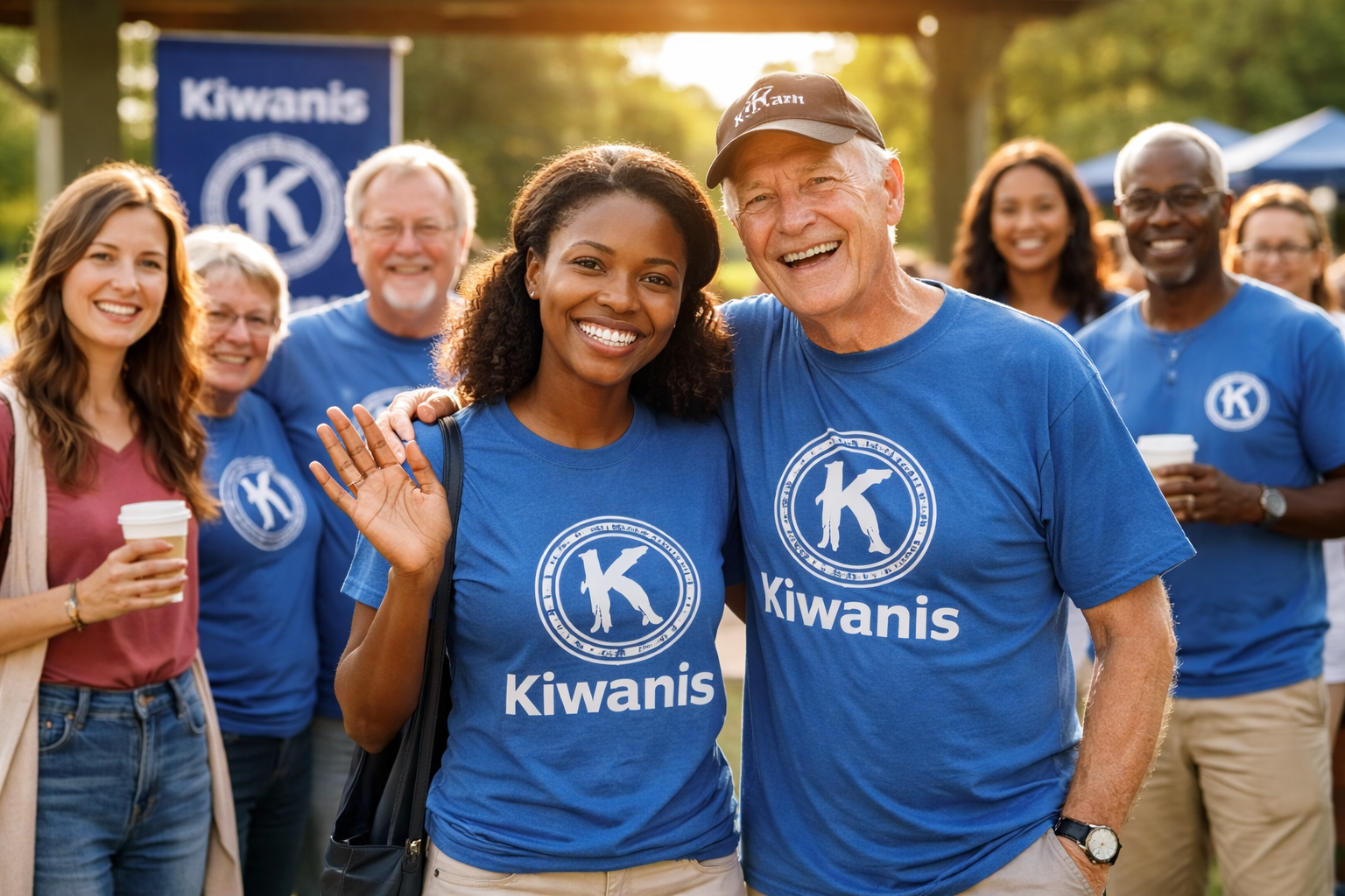 Smiling Kiwanis volunteers of different ages and backgrounds gather outdoors at a community event, wearing blue Kiwanis shirts, with a Kiwanis banner in the background.