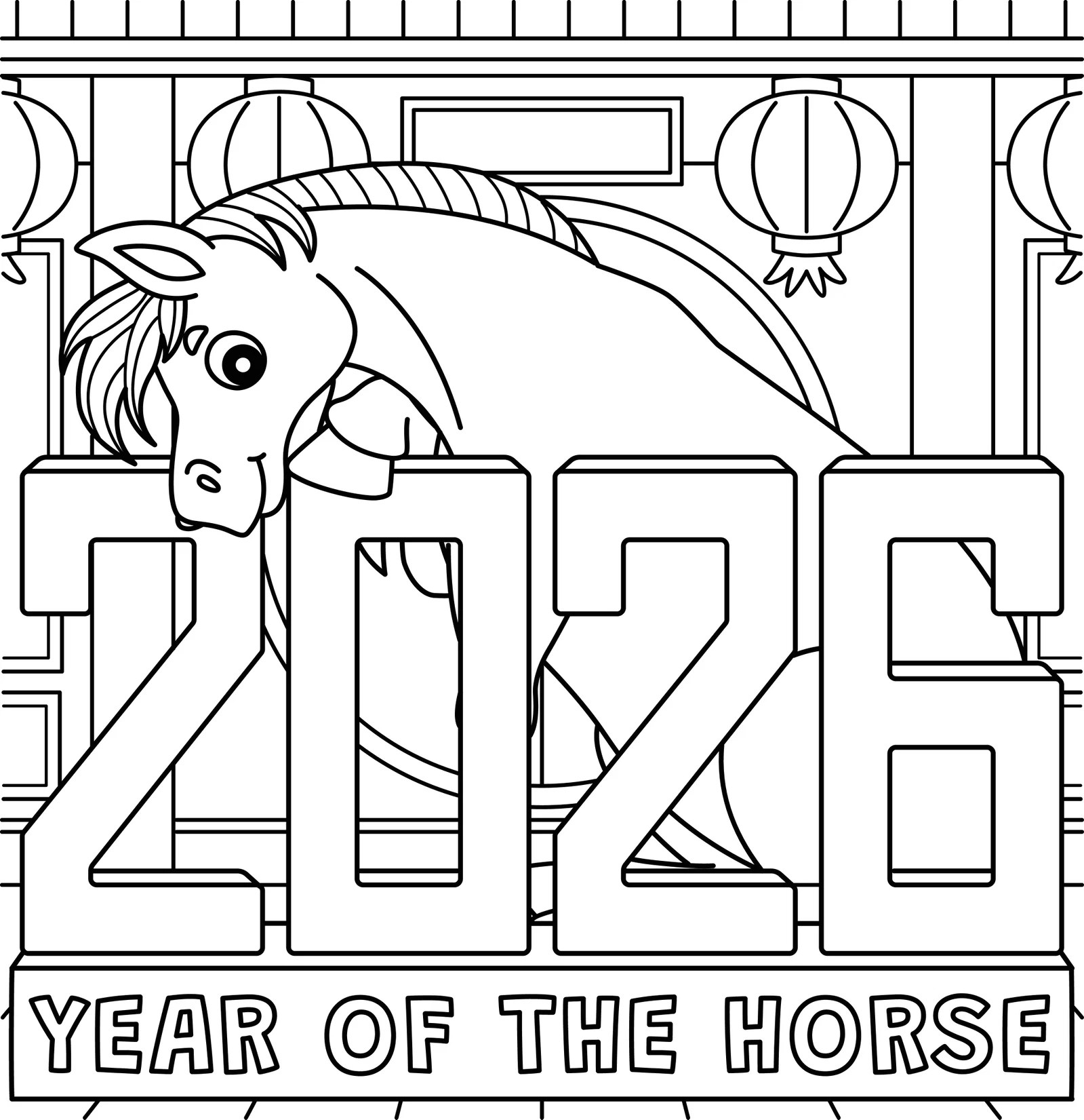 A Cute And Funny Coloring Page Of A Year Of The Horse 2026 S Colourbox 