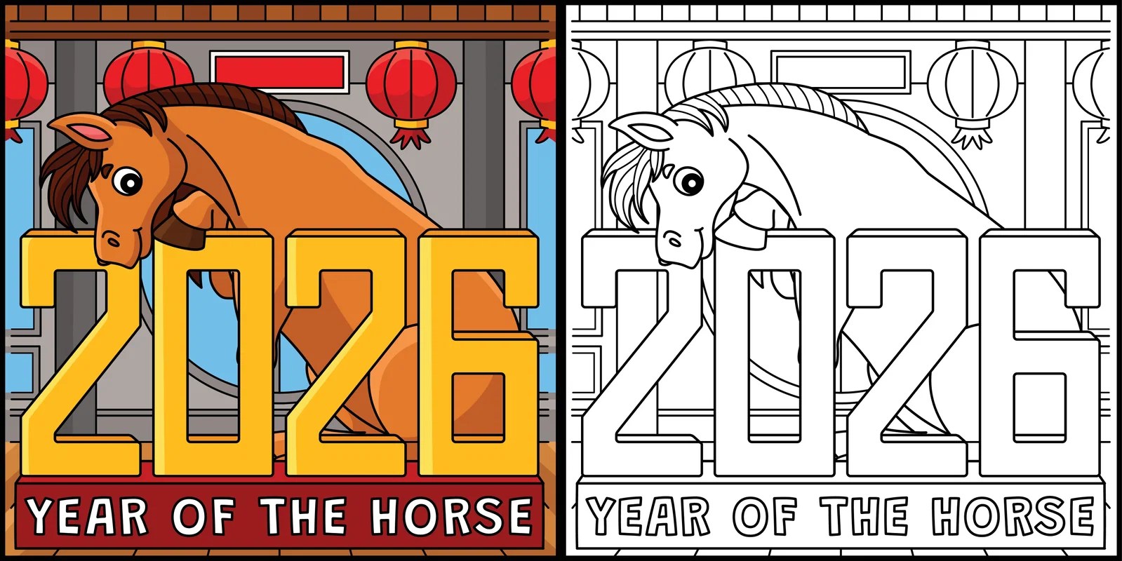 This Coloring Page Shows A Year Of The Horse 2026 Standee O Colourbox 