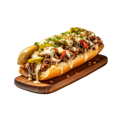 Steak Philly cheesesteak sandwich with melted cheese and peppers at C.C Fish & Chicken Grill, 1141 N Hwy 67, Florissant.