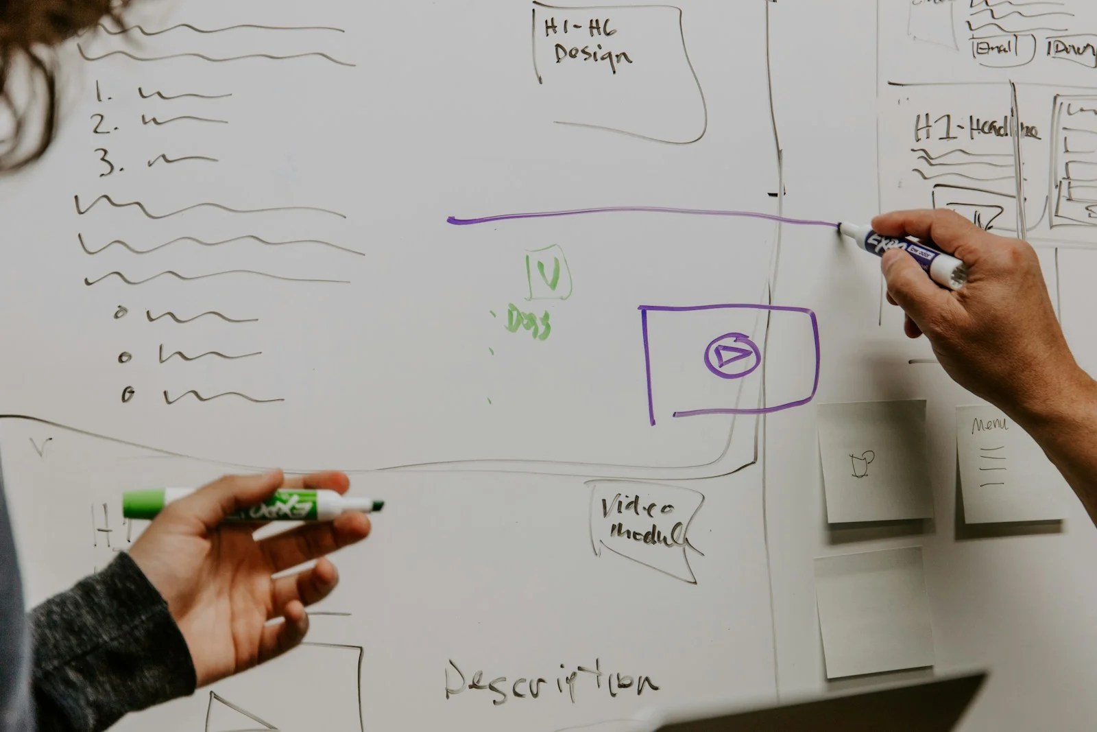 Two people mapping an architecture diagram on a whiteboard while preparing solutions architect interview questions