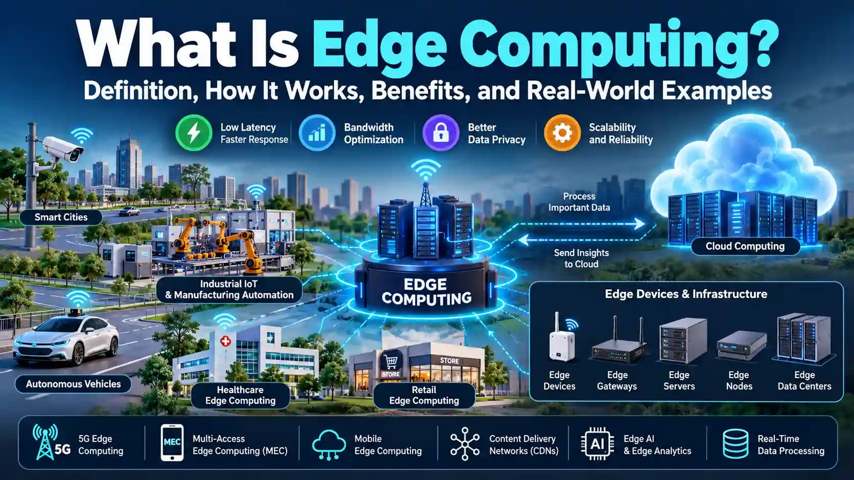 What is edge computing infographic showing edge servers, cloud computing, IoT devices, smart cities, autonomous vehicles, healthcare, and real-time data processing
