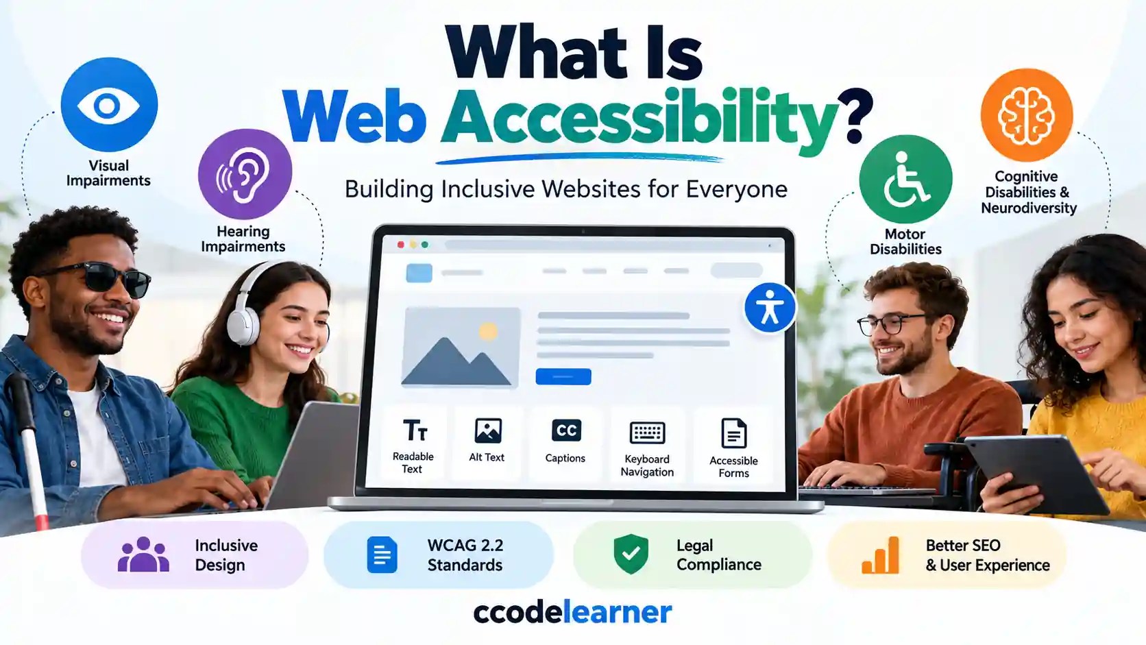 Web accessibility infographic showing inclusive website design, WCAG 2.2 standards, screen reader support, keyboard navigation, and accessible forms.