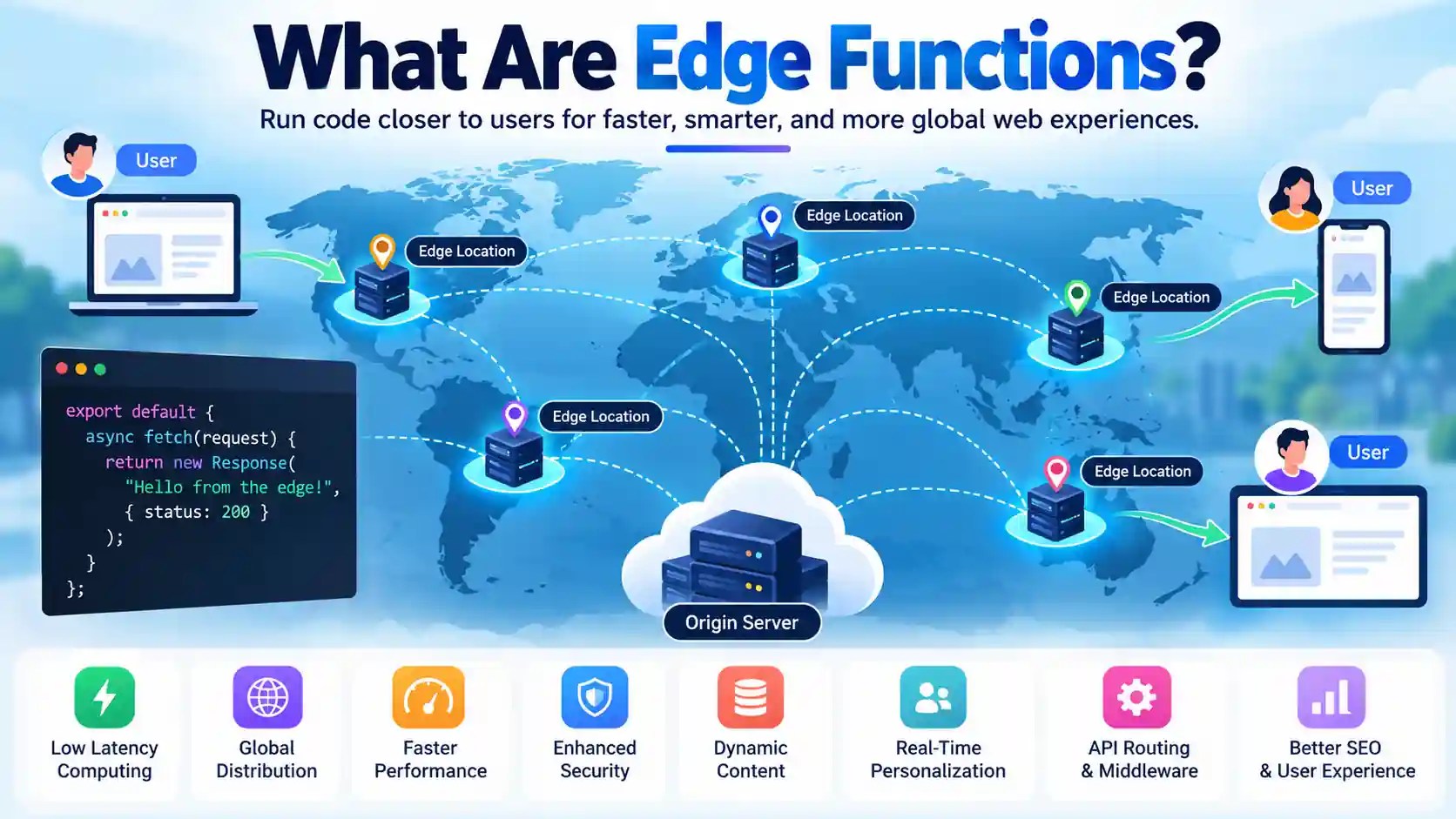 Illustration explaining edge functions, showing a global network of edge servers processing requests closer to users.