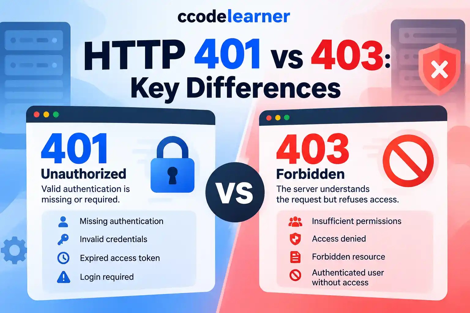 HTTP 401 vs 403 comparison showing authentication errors and forbidden access