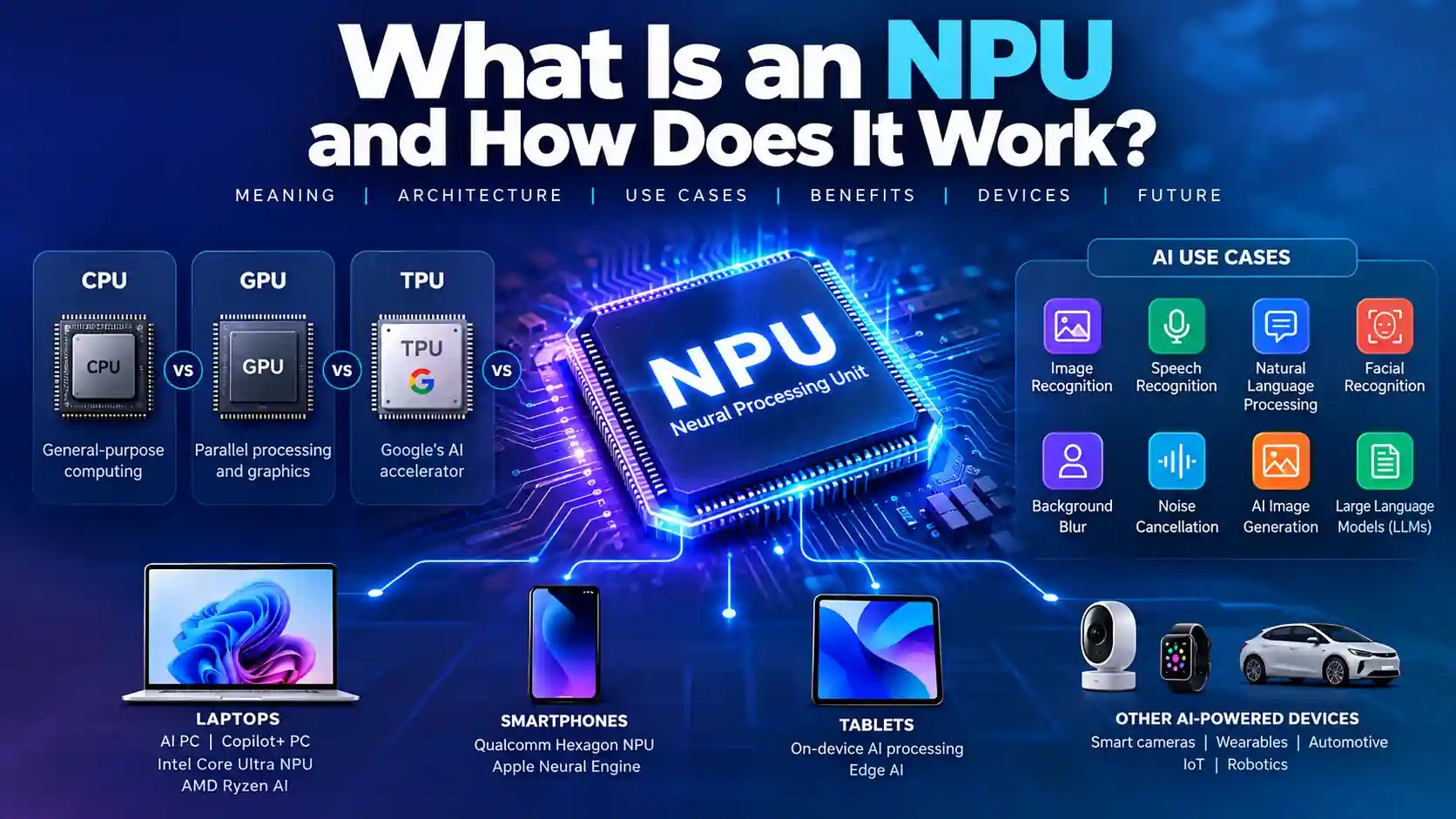 NPU (Neural Processing Unit) explained with CPU, GPU, TPU comparisons, AI applications, and devices with AI processors