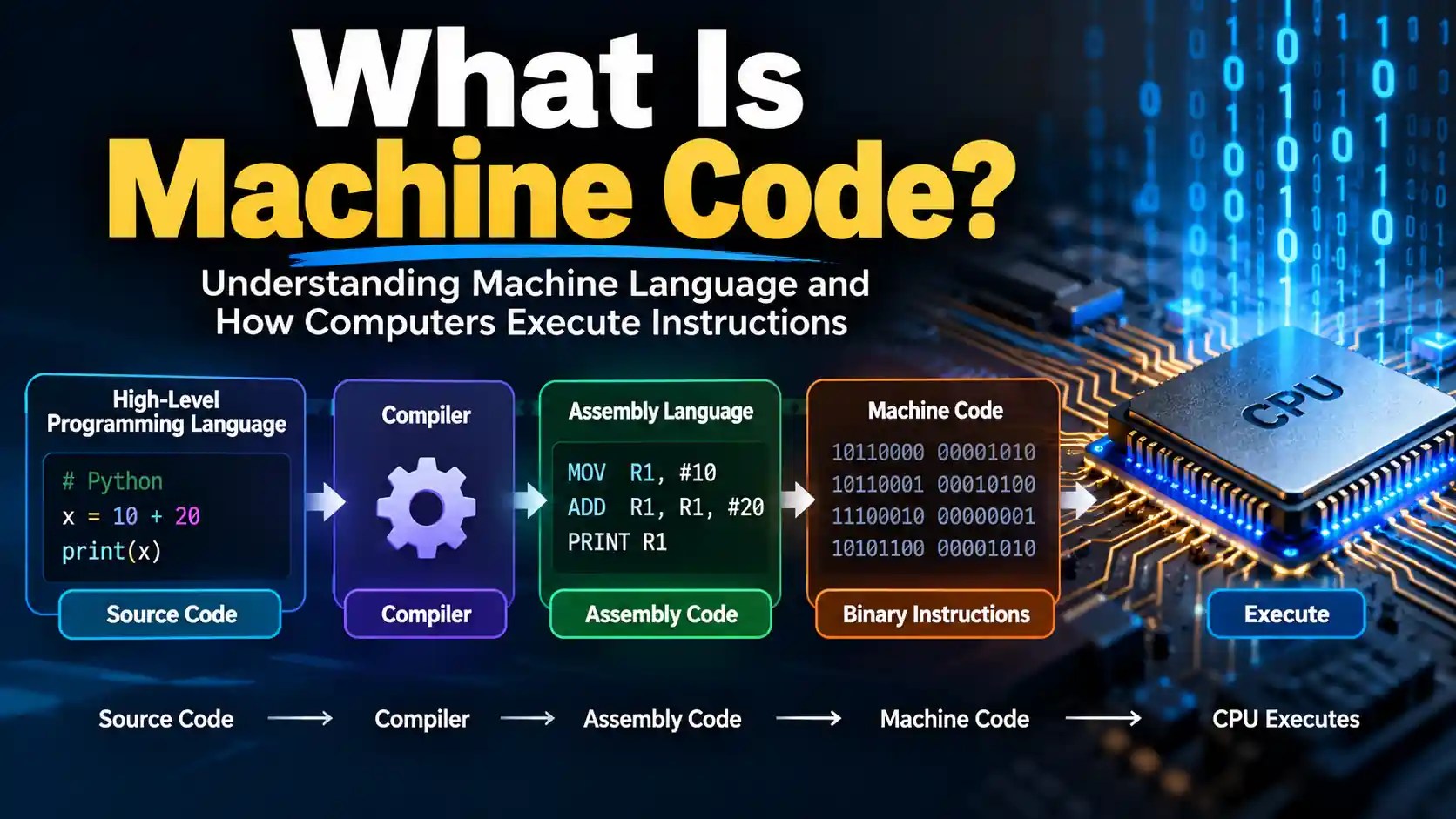 What is machine code and how machine language instructions are executed by a CPU