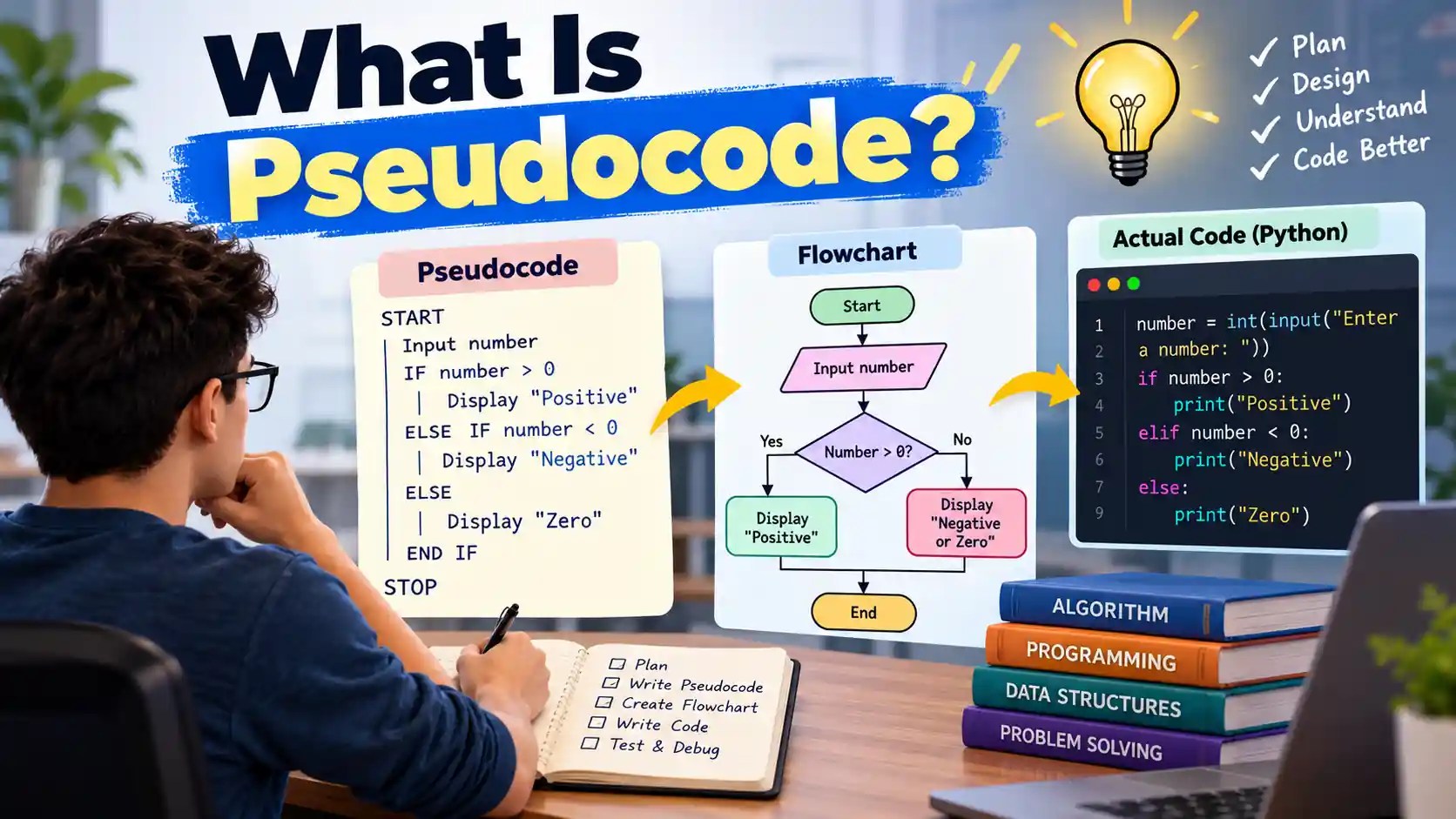 What is pseudocode showing pseudocode, flowchart, and Python code