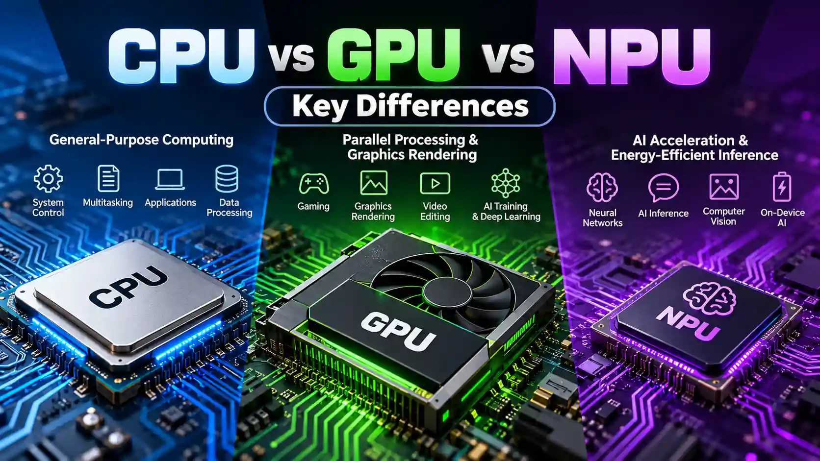 CPU vs GPU vs NPU comparison showing key differences in general-purpose computing, graphics processing, and AI acceleration