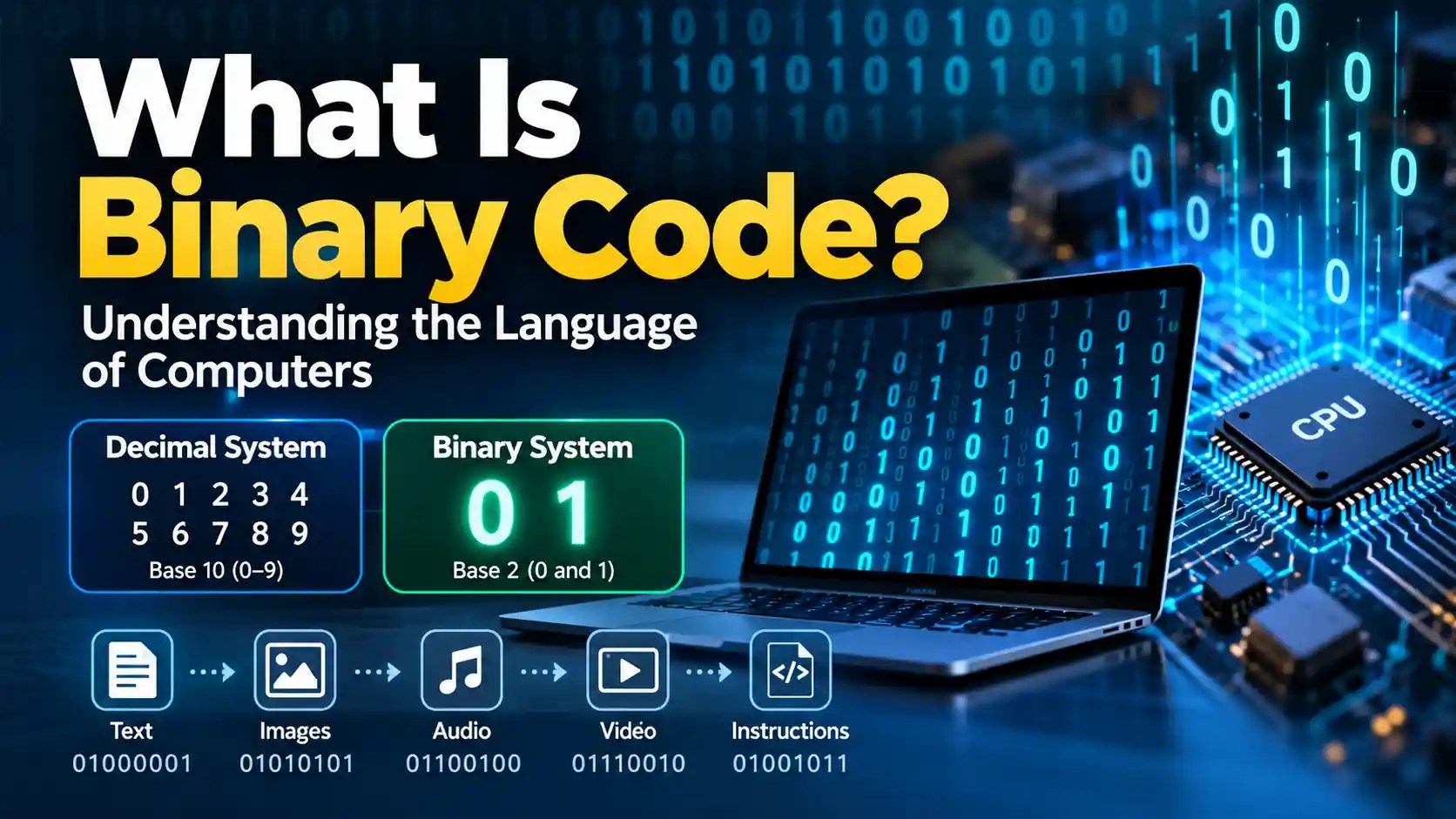 What is binary code showing the binary number system and 0s and 1s used by computers