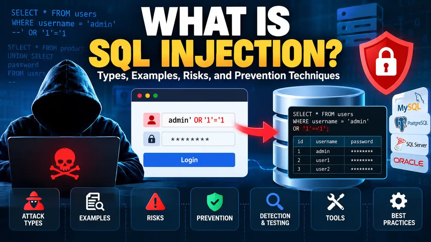 What is SQL injection explained with a database attack example, security risks, detection, and prevention techniques