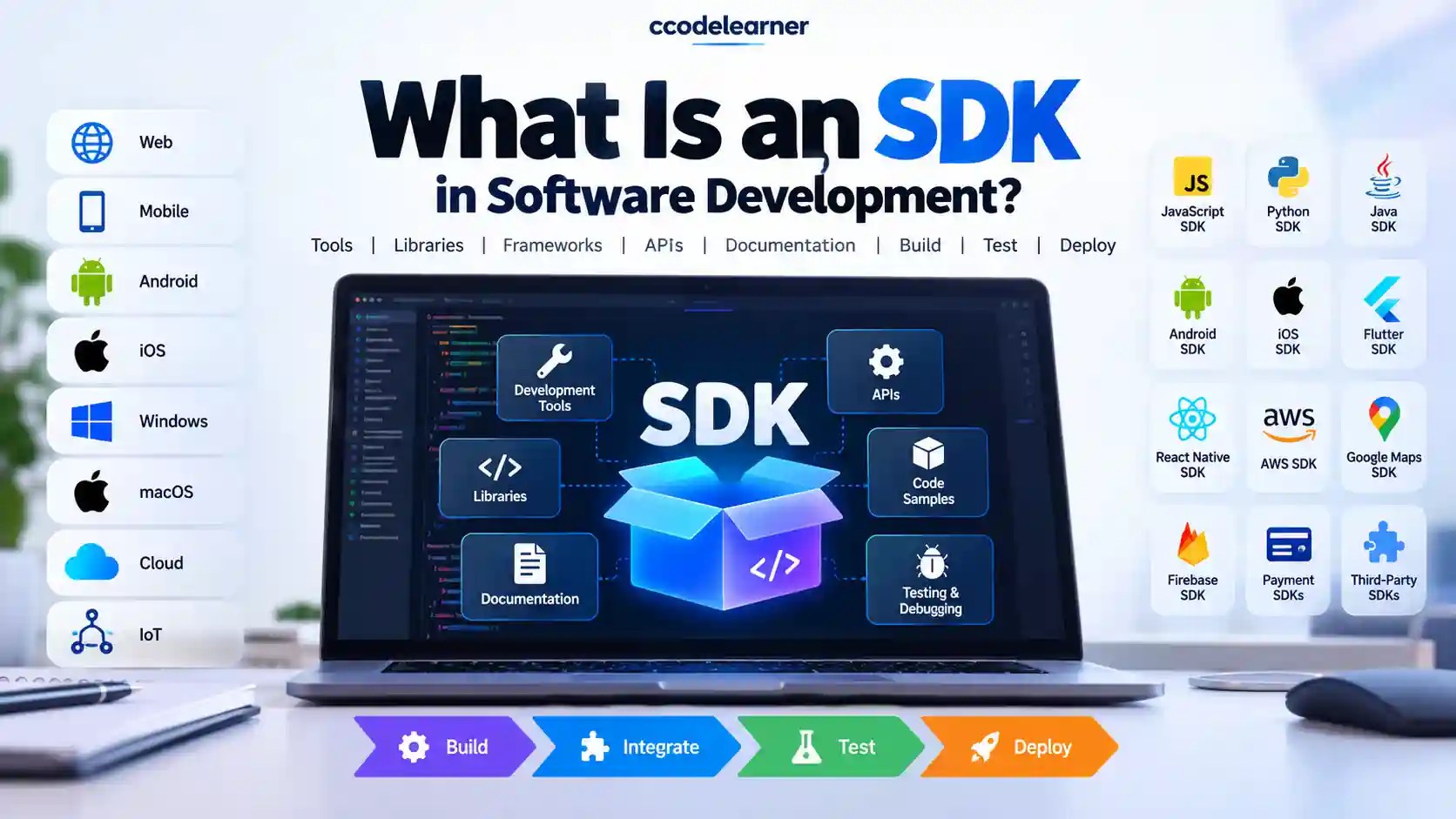 What is an SDK in software development showing development tools, libraries, APIs, and SDK examples