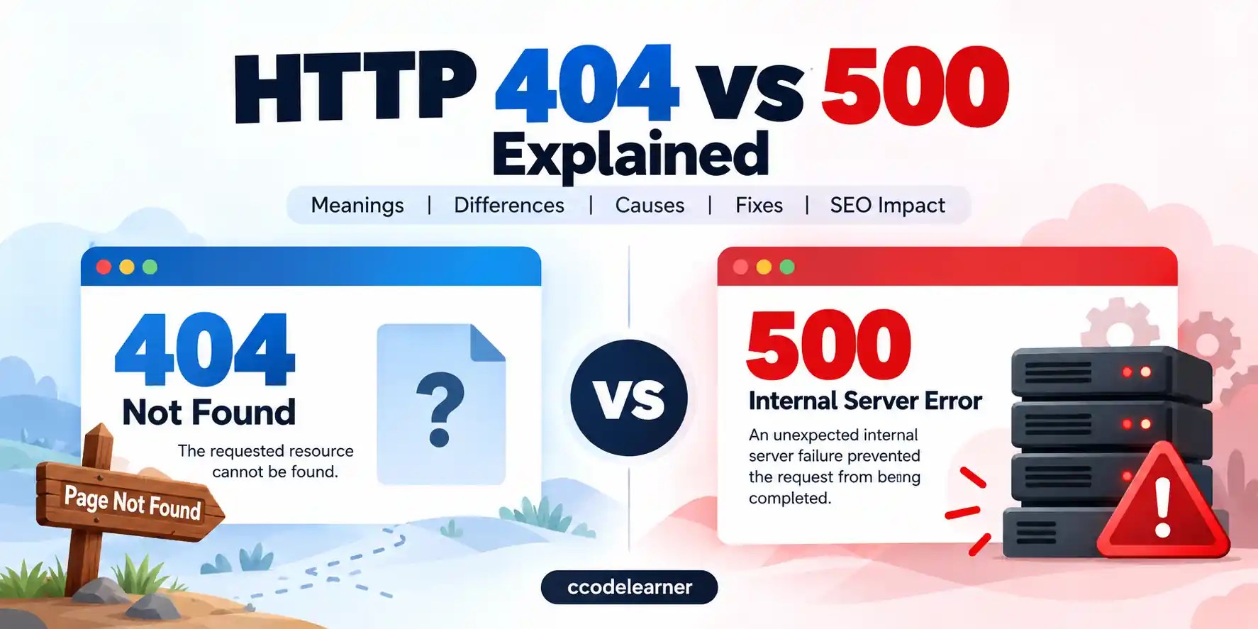 HTTP 404 vs 500 explained infographic comparing 404 Not Found errors and 500 Internal Server Errors, including causes, fixes, and SEO impact