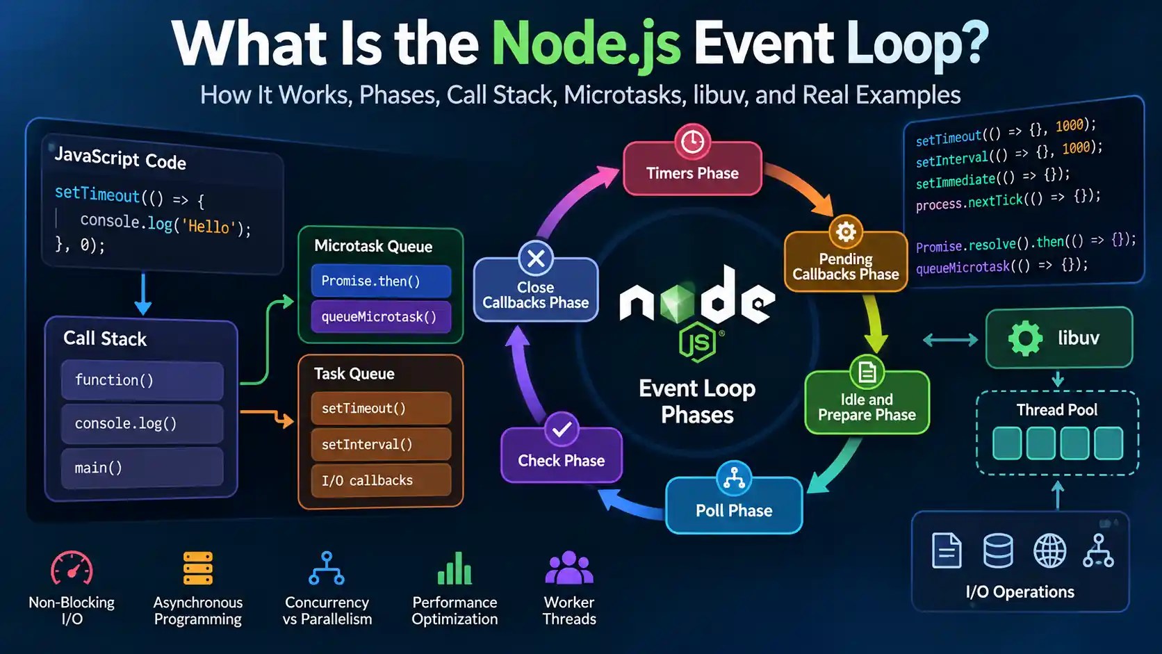 Node.js event loop diagram showing event loop phases, call stack, microtask queue, task queue, libuv, and thread pool