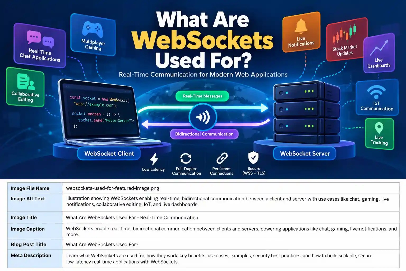 Illustration showing WebSockets enabling real-time, bidirectional communication between a client and server for chat, gaming, live notifications, collaborative editing, IoT, and live dashboards.