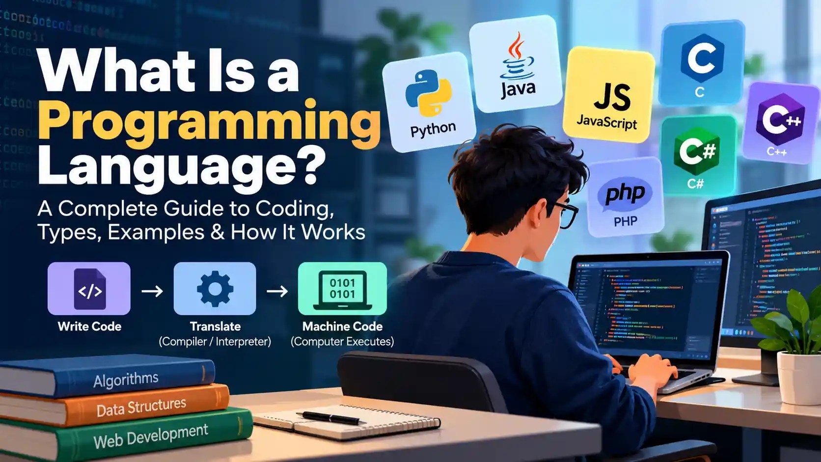 What is a programming language explained with Python, Java, JavaScript, and coding concepts