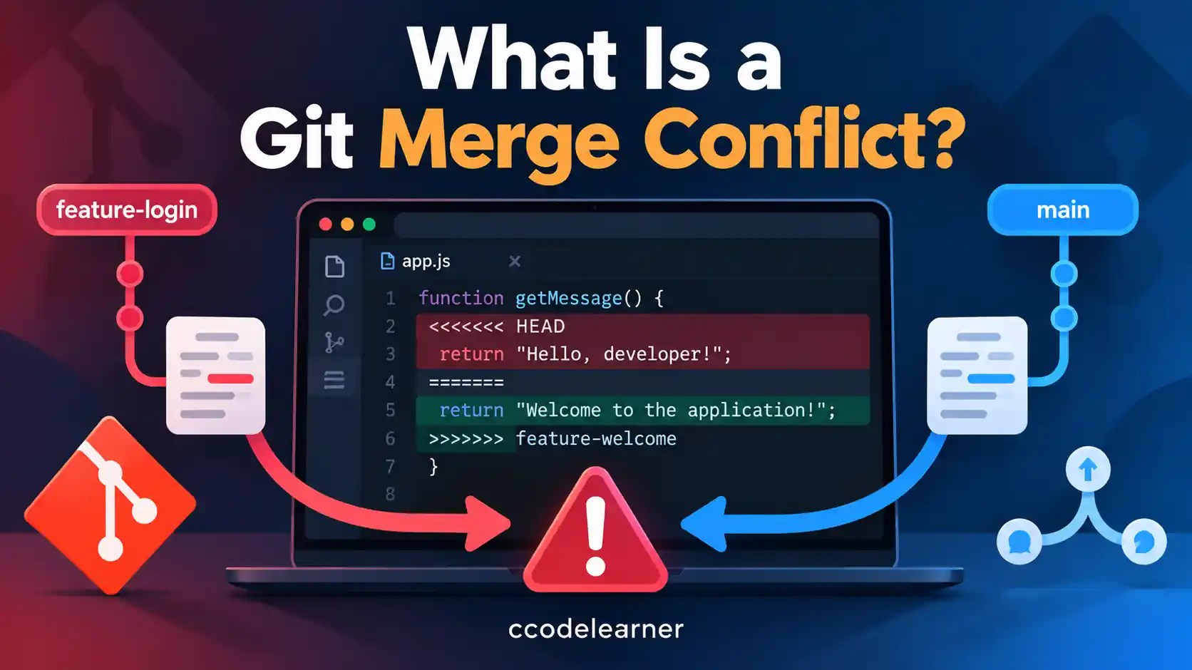 What Is a Git Merge Conflict? Illustration showing conflicting code changes between Git branches