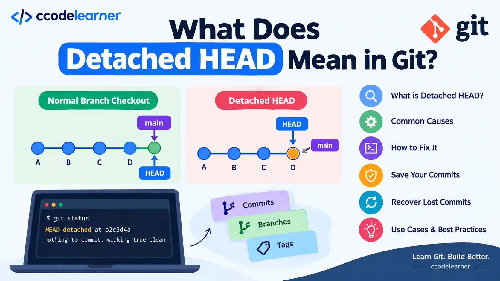 Git detached HEAD explained with normal branch checkout, detached HEAD state, commit history, and Git recovery commands