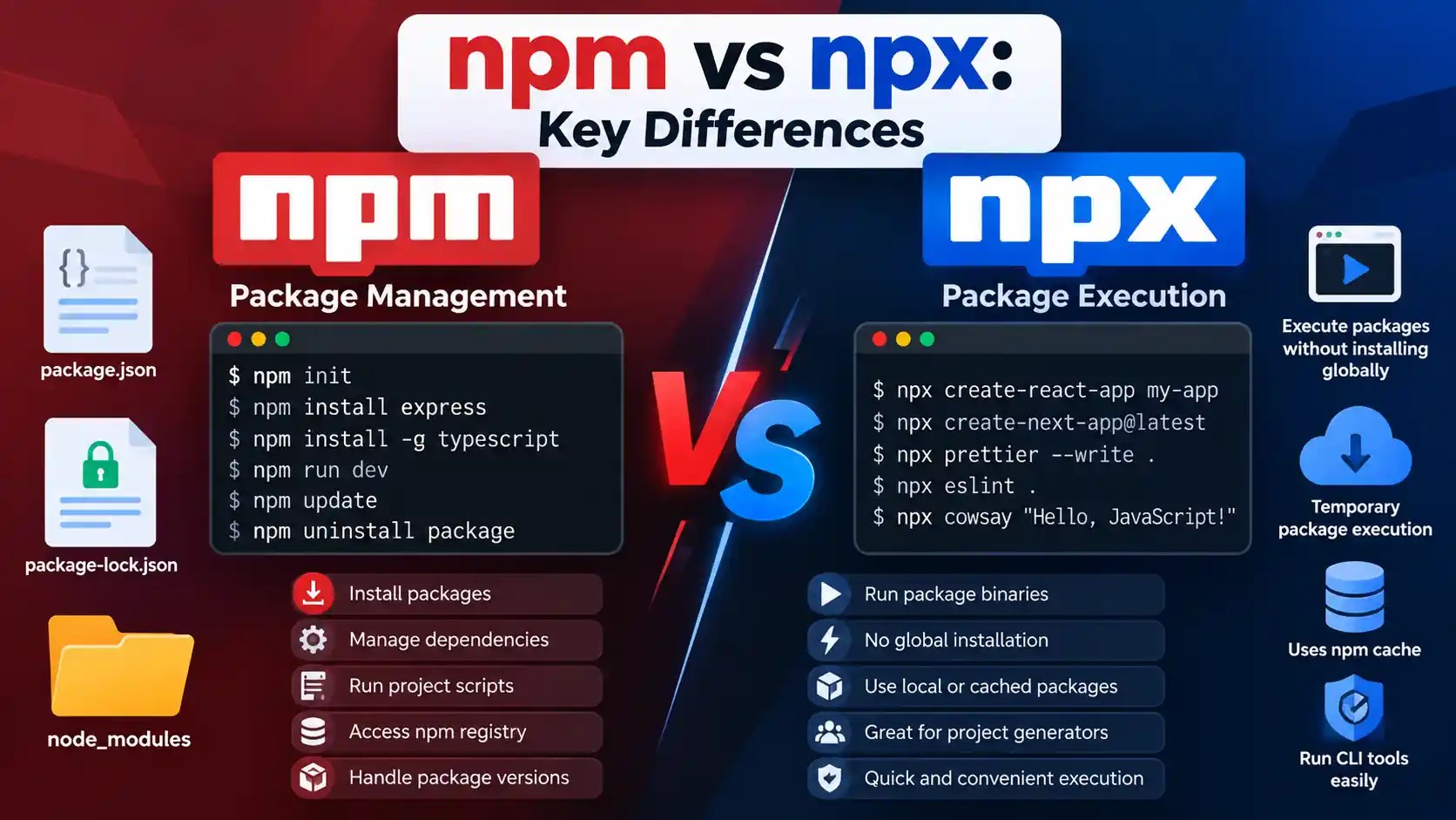 npm vs npx comparison showing package management, package execution, npm commands, npx commands, and Node.js dependencies.