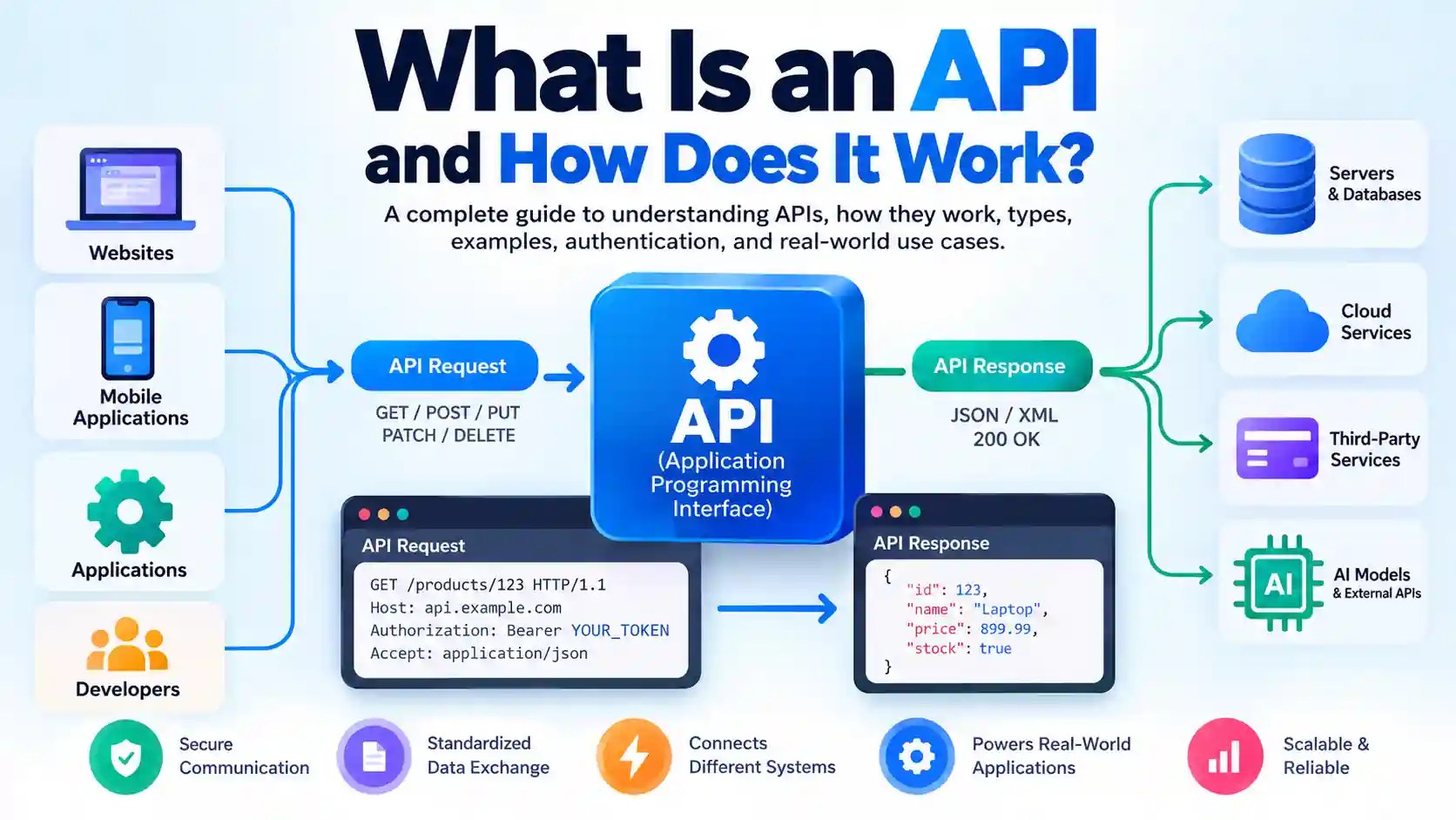 What is an API and how it works, showing API requests and responses between applications, servers, databases, and external services