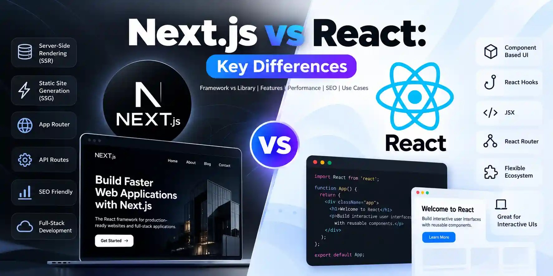 Next.js vs React comparison showing key differences in rendering, routing, SEO, performance, and web development features