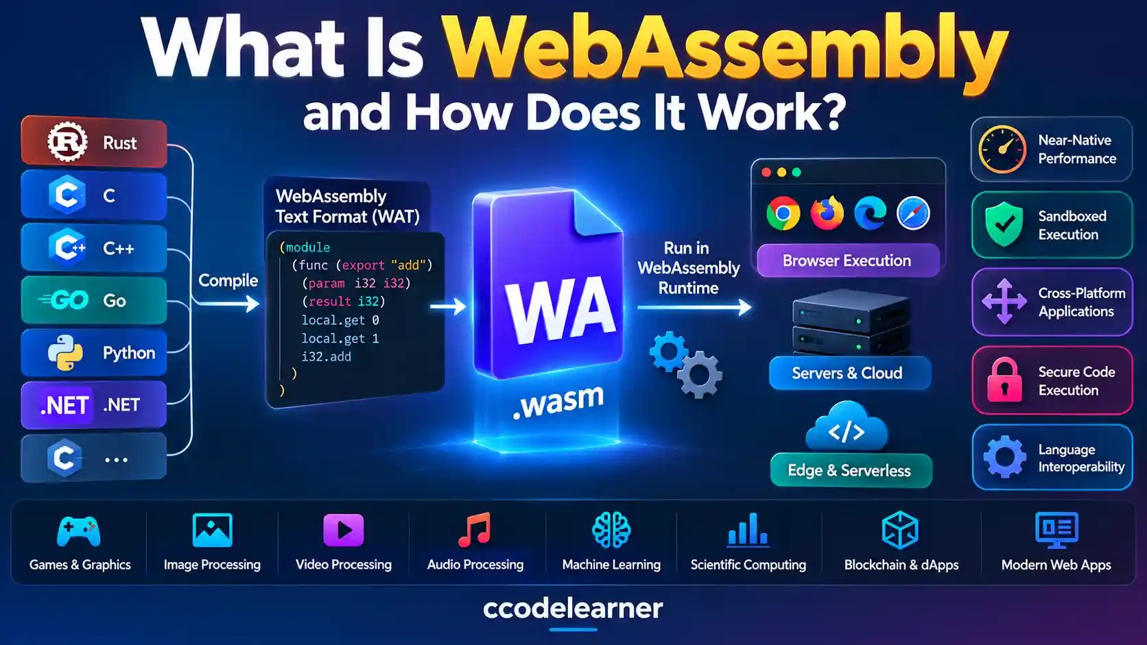 WebAssembly explained with source programming languages, WASM compilation, browser execution, and server runtimes