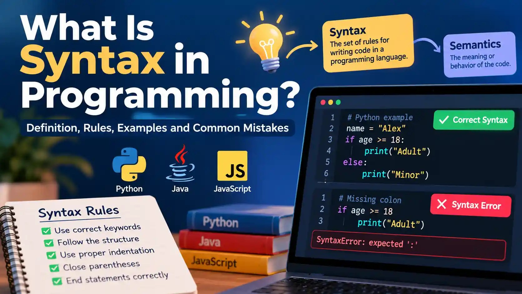 What is syntax in programming showing syntax rules, code examples, and syntax errors