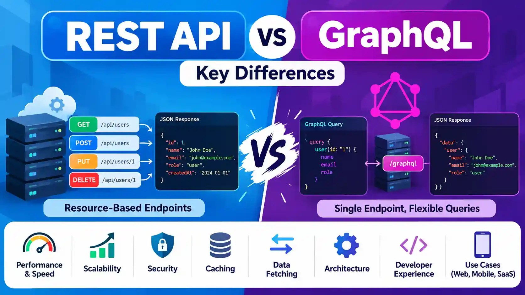 REST API vs GraphQL comparison showing resource-based endpoints, flexible queries, performance, scalability, security, and caching