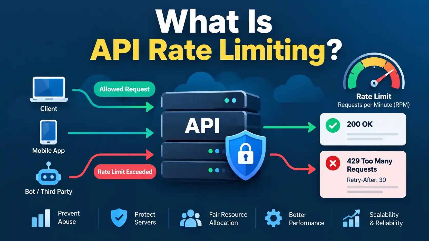 What is API rate limiting showing allowed requests, blocked requests, server protection, and HTTP 429 errors