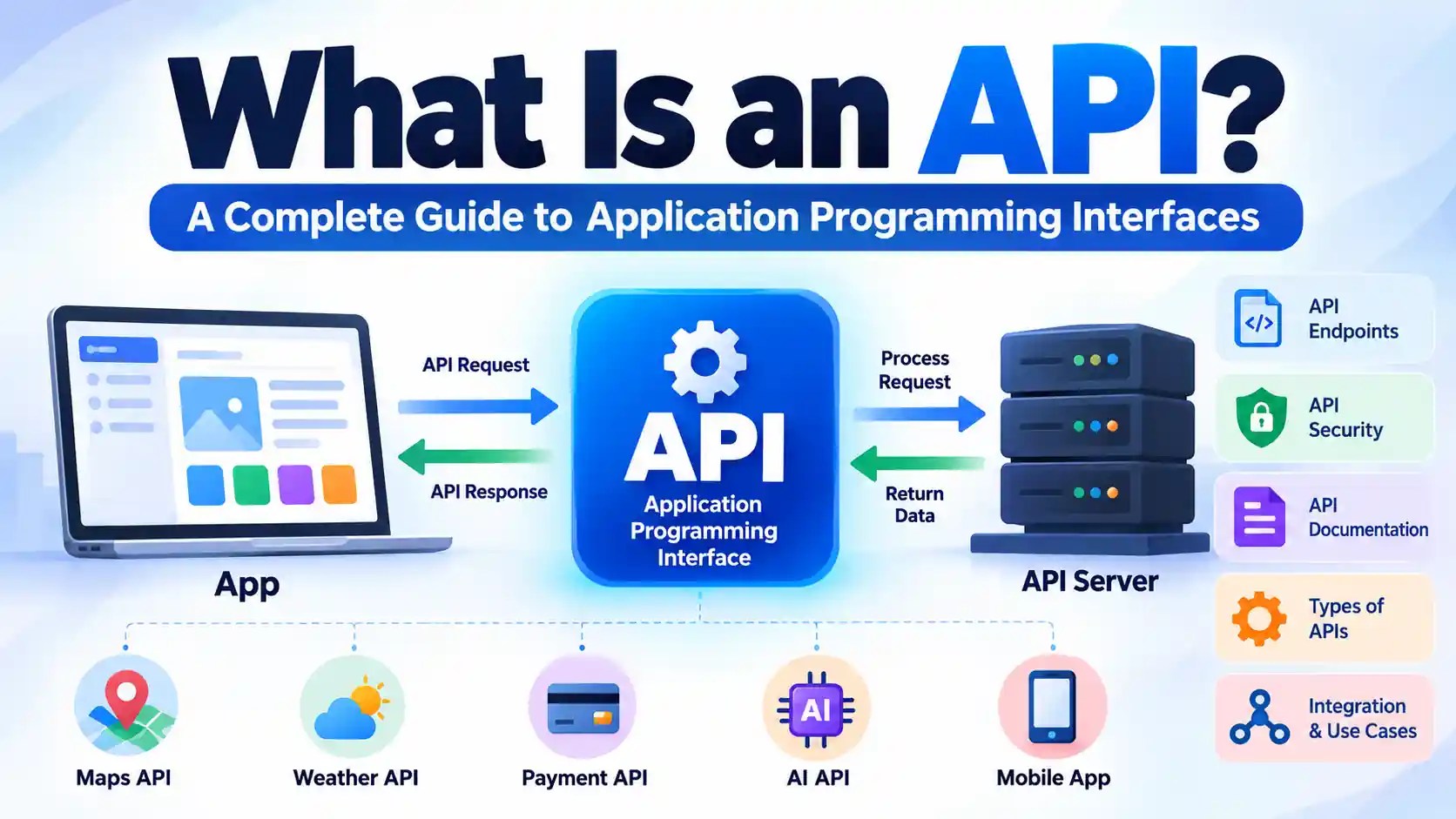 What is an API application programming interface diagram showing API requests, responses, endpoints, and server communication