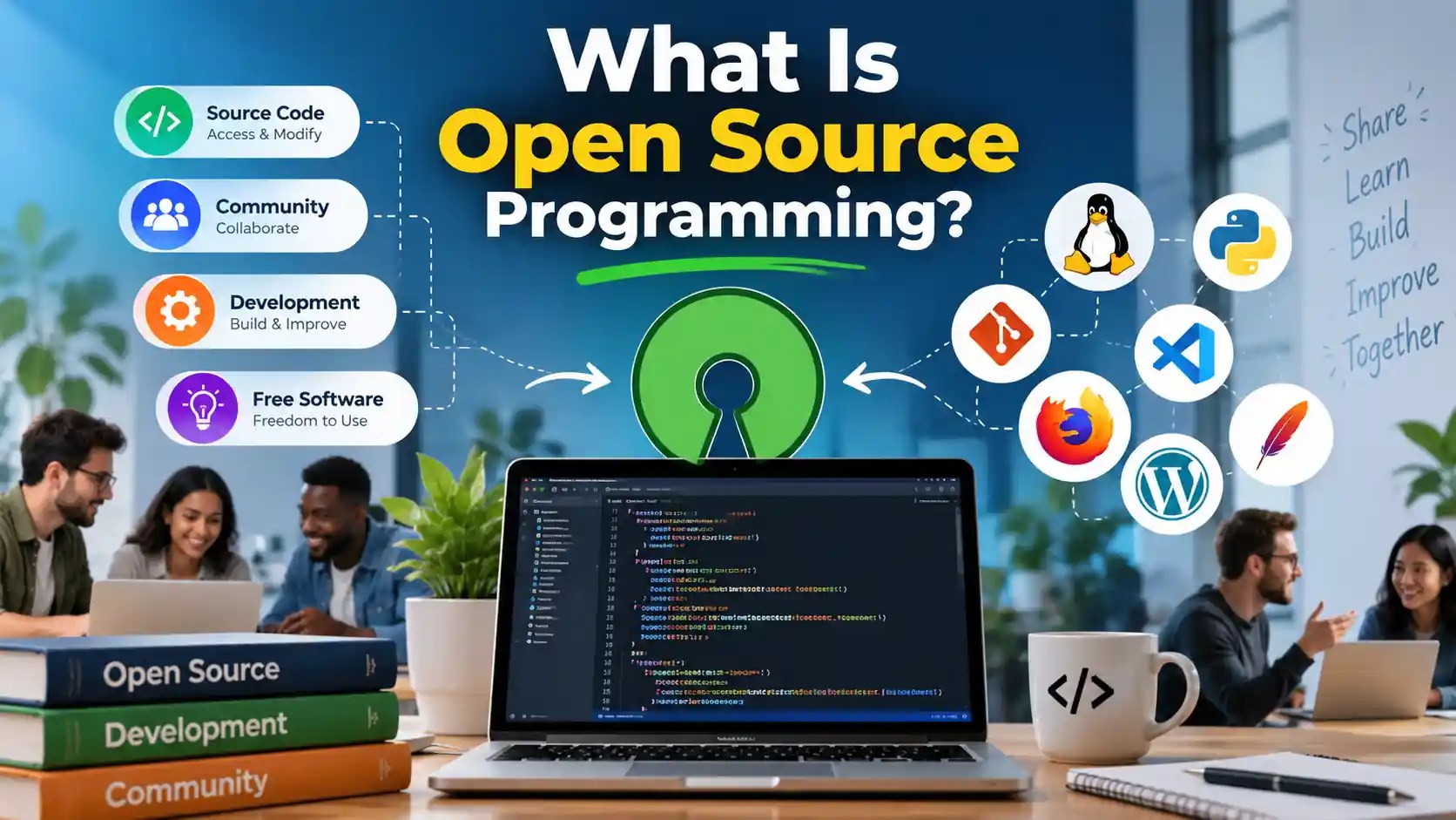 What is open source programming showing source code, open source software, developers, and community collaboration