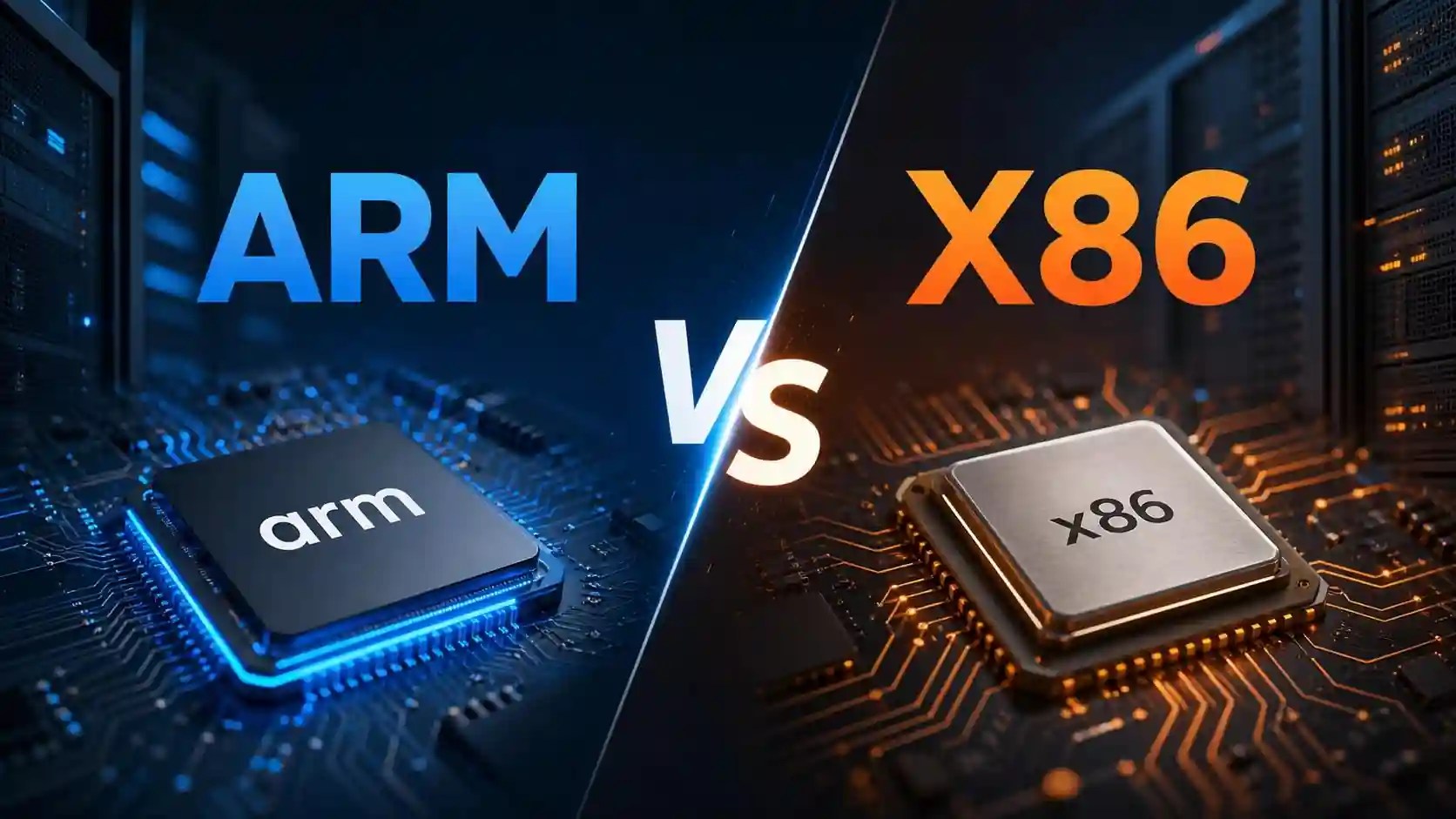 ARM vs x86 Architecture Explained: Key Differences 1 ARM vs x86 architecture comparison showing processor chips, performance, and power efficiency