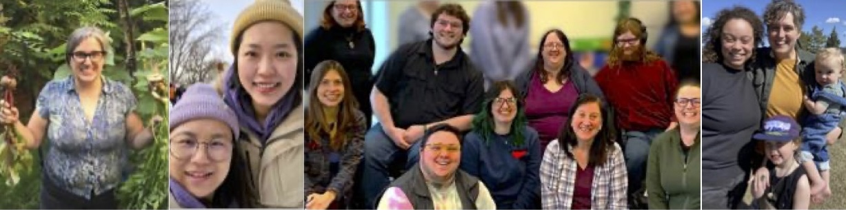 images from the newsletter - woman holding vegetables, recent grad and her partner, students from a learning circle, environmental educator