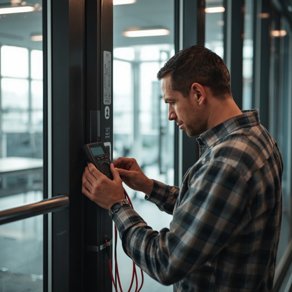 An automatic door technician in Lebanon, Ohio, using a digital multimeter to test the electrical circuit and sensor functionality of an office entrance.