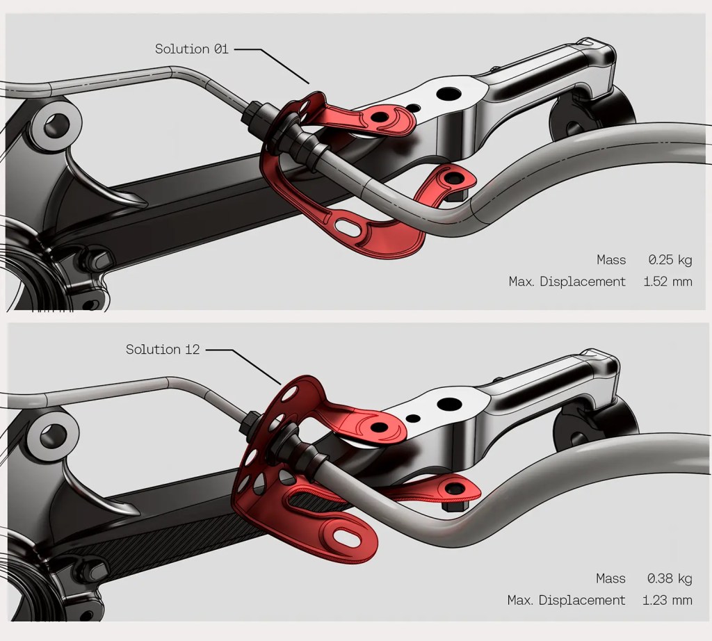 Comparison of two engineering solutions for a component assembly, labeled Solution 01 and Solution 12, displaying red and silver parts with information on mass and maximum displacement.