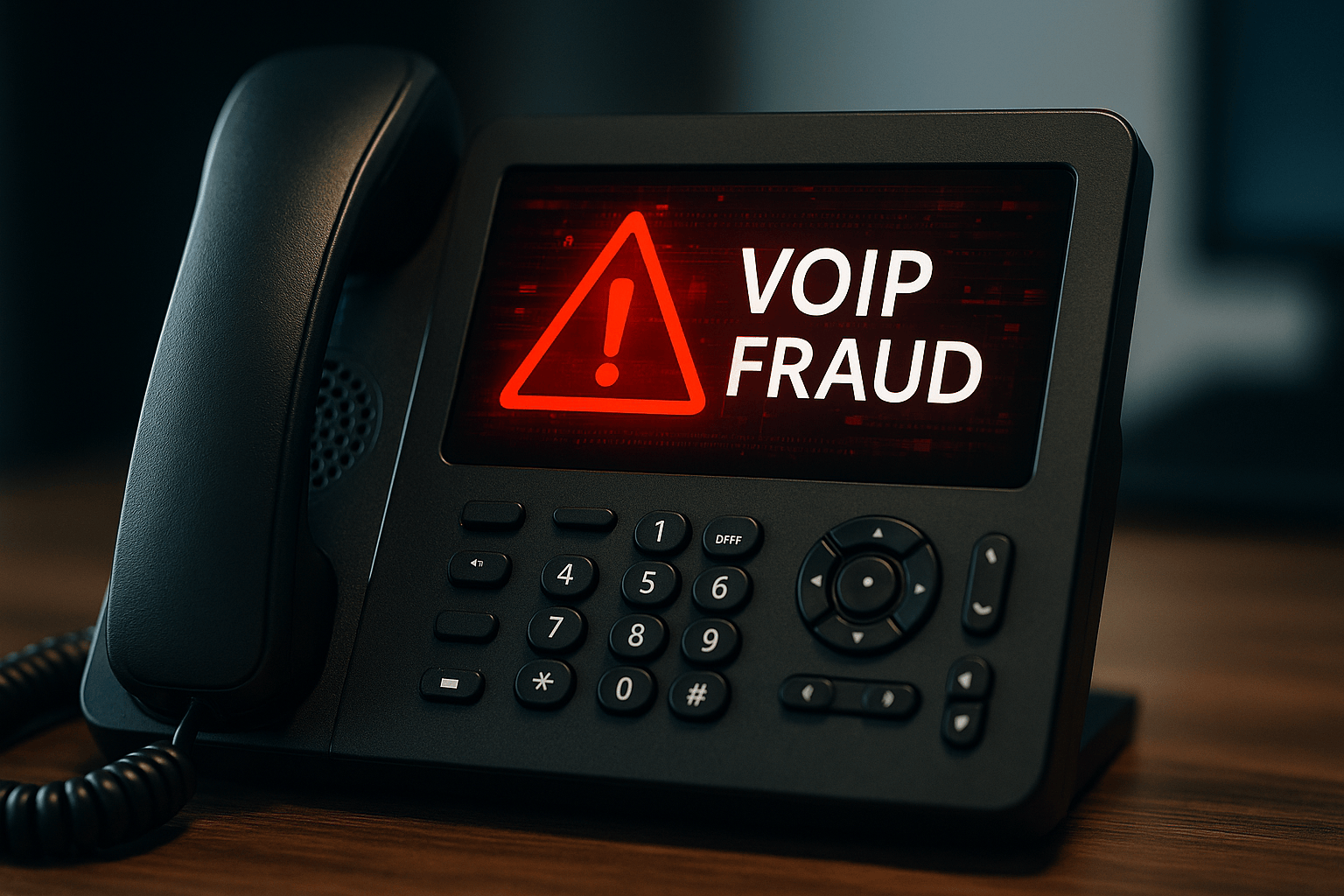 A modern office desk phone with a glowing red warning on its display that reads “VOIP FRAUD,” symbolizing the risk of VoIP-based cybercrime.