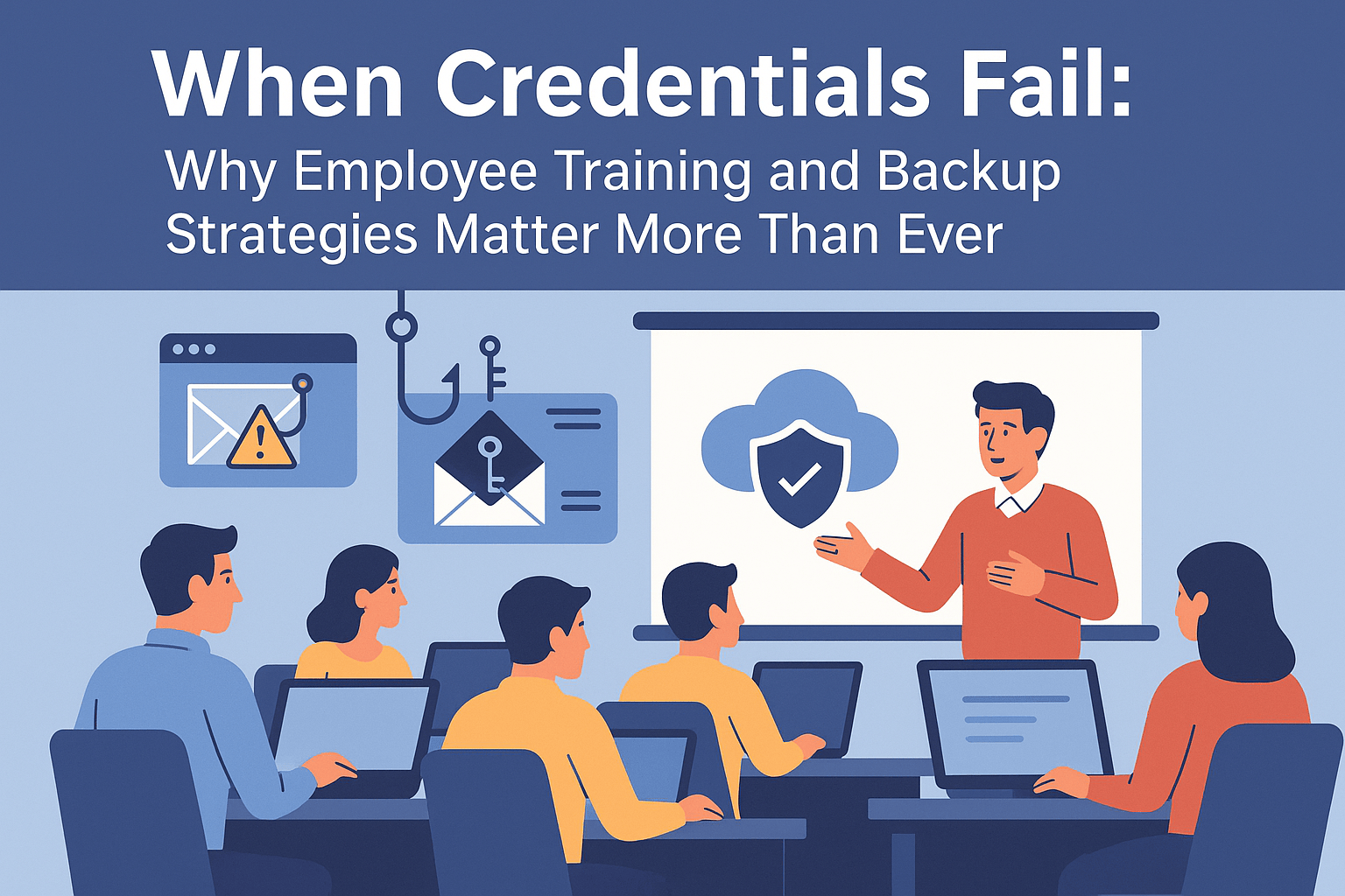 Office employees in a cybersecurity training session. A presenter points to a screen with a shield and cloud symbol while digital phishing icons appear in the background, representing awareness and data protection.