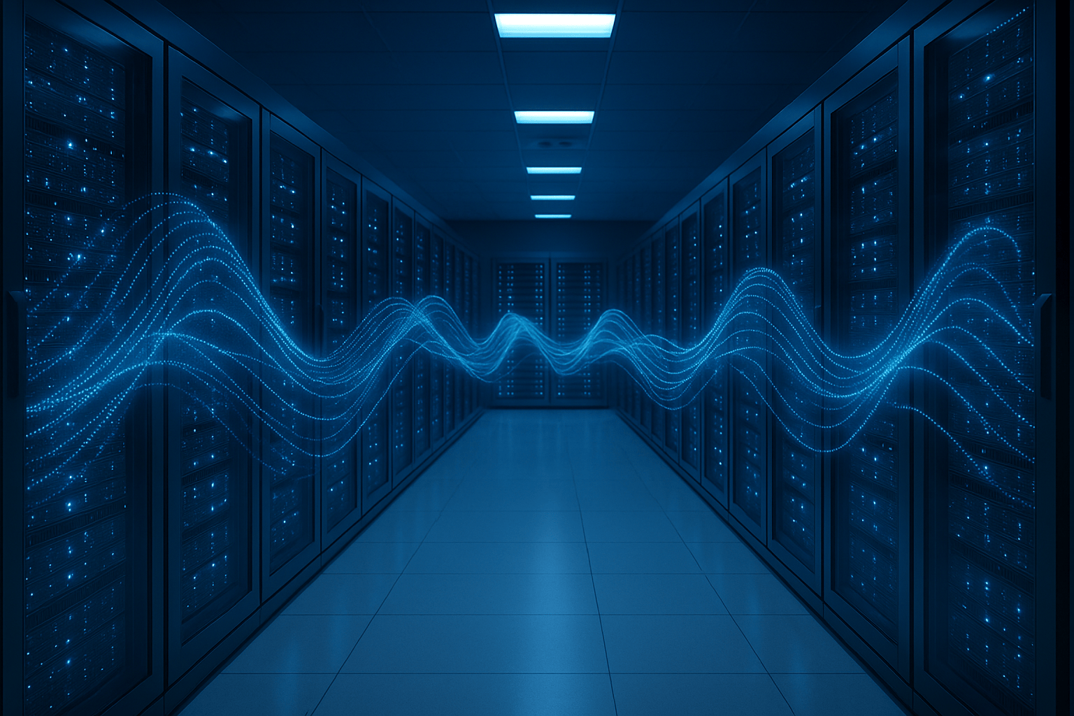 Data center with digital wave overlays symbolizing quantum-resilient encryption for healthcare and financial compliance.