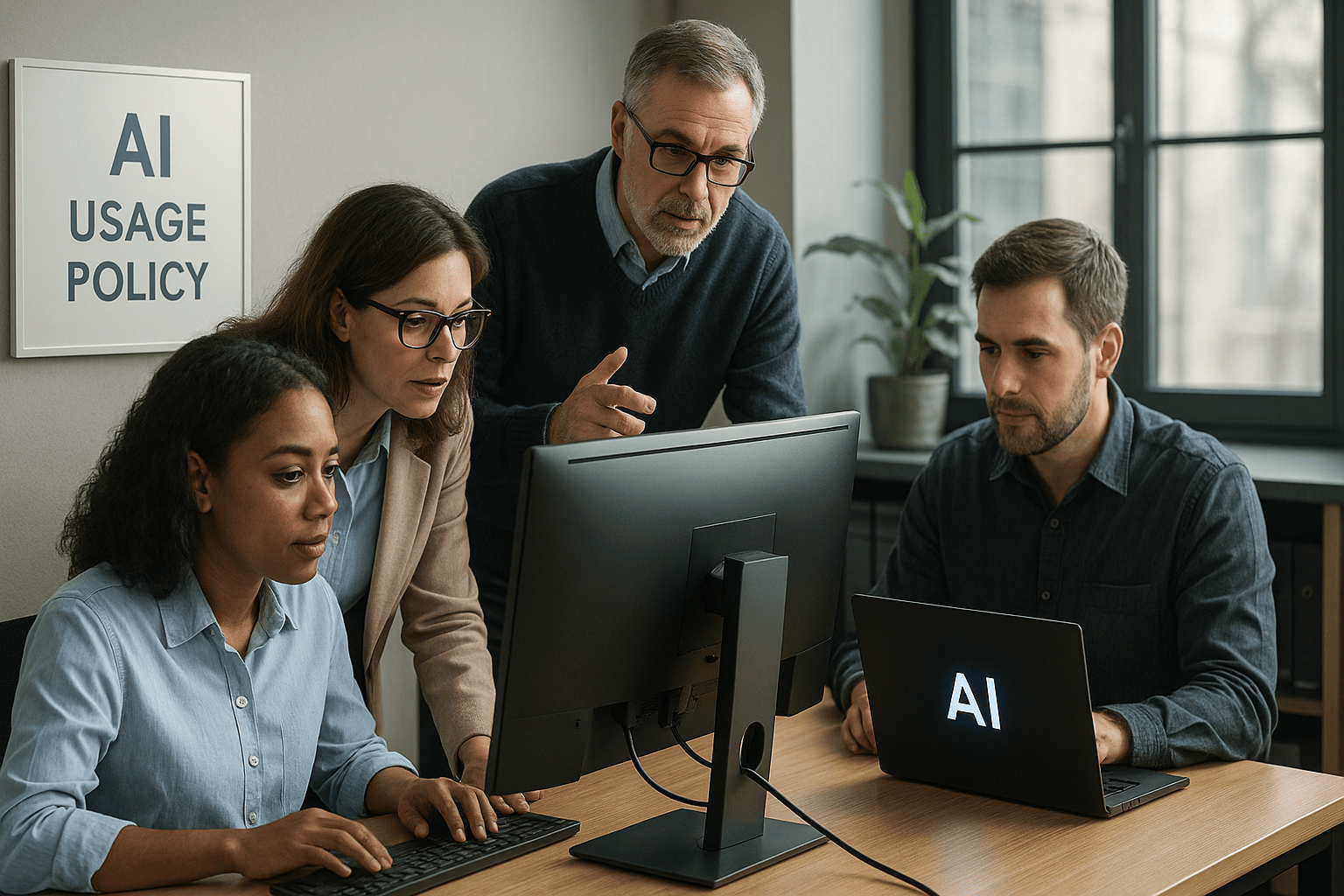 Office team using AI tools under the guidance of IT governance policies, illustrating responsible technology adoption in a modern SMB workplace.